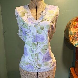 Vintage 1990’s Purple and Green Floral Lace Trim Women Sleeveless Top